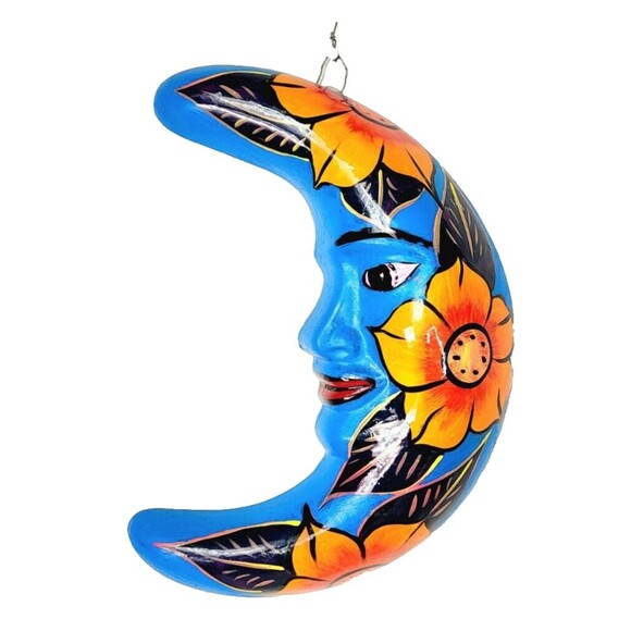 Vintage Mexican Clay Folk Art Celestial Floral Moon Face Wall Hanging - Picture 2 of 5